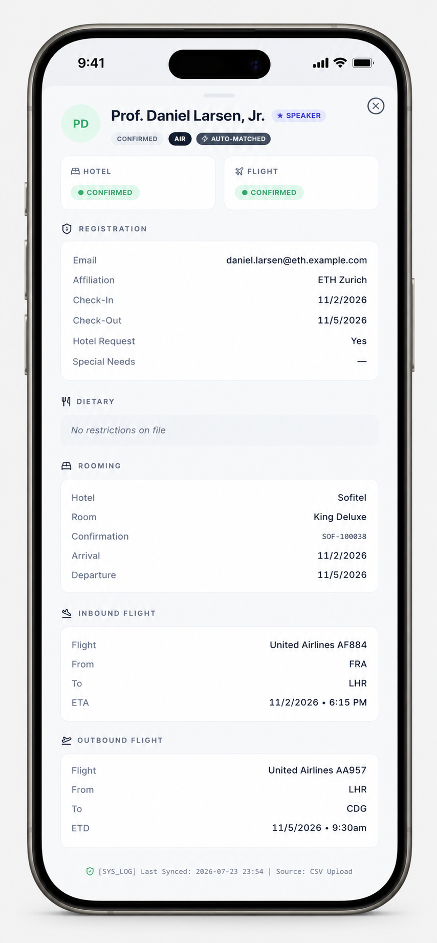 Reconciled guest profile drawer in B2BEventPro displaying matched registration details, lodging status, and flight schedules for an individual attendee