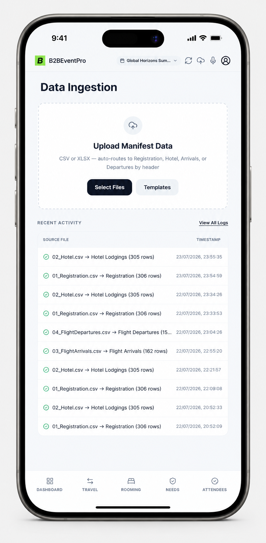 B2BEventPro data ingestion interface showing a drag-and-drop zone for uploading event registration, hotel lodging, and travel manifest files in CSV or Excel format